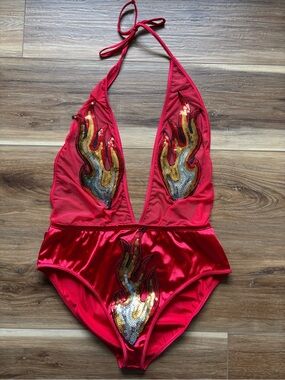 Club Exx by Dolls Kill Red Sequin Flame Halter Bodysuit - Rave Festival - Size L